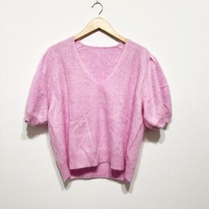 Me+Em 100% Cashmere Fuzzy Knit Short Balloon Sleeve Pullover Sweater Pink Large
